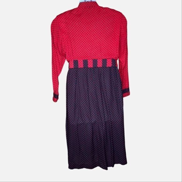 VINTAGE 80s red‎ and black polka dot long sleeve modest midi dress M - Picture 2 of 10